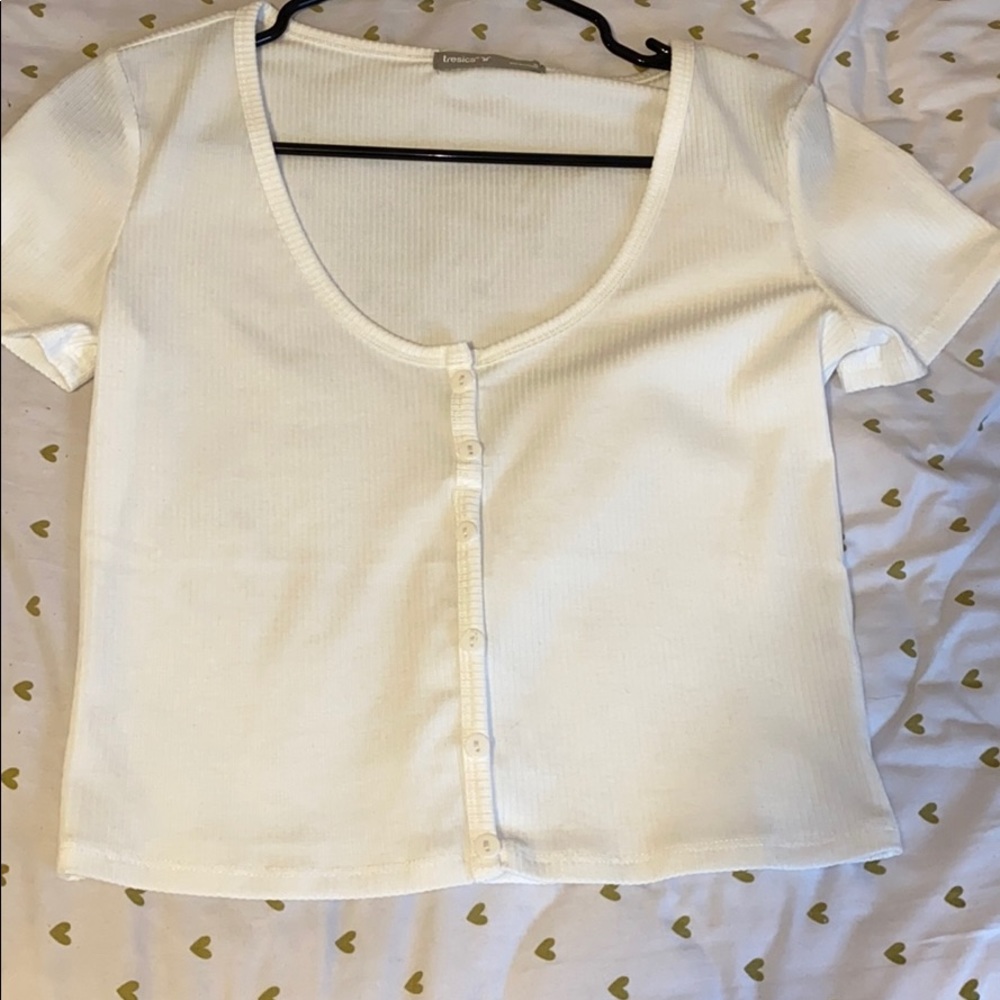 White button up cropped t shirt